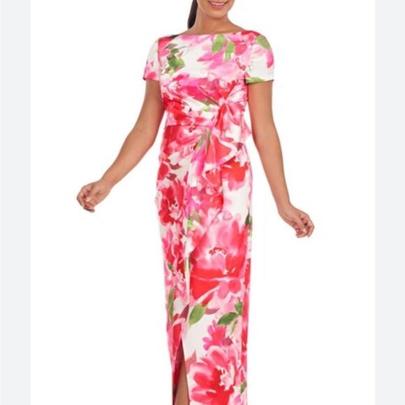 Kay Unger Women's Pink Floral Pleated Evening Dress Size 6 NWT $395 - Picture 2 of 7